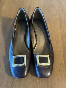 Etienne Aigner "RENEE" Chunky Heel Chocolate Brown, Pilgrim Buckle Dress Shoes - Picture 1 of 6