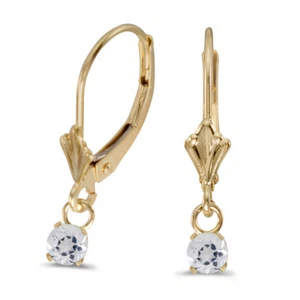 14k Yellow Gold Round White Topaz Lever-back Earrings - Picture 1 of 3