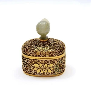 19C Chinese Jade Carved Carving Finial Gilt Bronze carved Lotus Box Mk - Picture 1 of 12