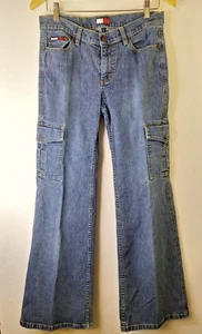 Vintage Y2K TOMMY JEANS Women's Sz 9 Denim Cargo Jeans Wide Leg Skater Grunge - Picture 1 of 12