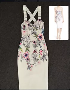 Ted Baker Passion Flower Bird Bodycon schönes seidiges Trägerkleid 1 MÄNGEL - Bild 1 von 21