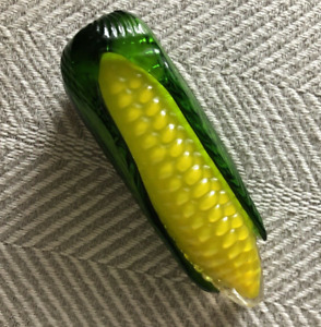 Hand Blown Glass Ear of Yellow Corn Green Husk Vintage Paperweight Trinket 5.5"