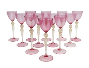 12 Cranberry Pink Glass 4 ounce Wine Goblets Gold Fleck Stem circa 1940 - Picture 1 of 6