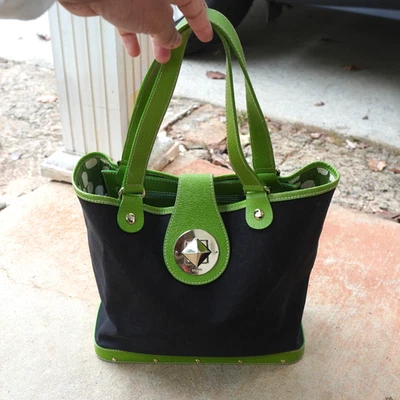 Kate Spade Bolso de Mano Cartera Bolso Cubo Negro Lona Verde Neón Parte Inferior de Madera Foto 1 de 4