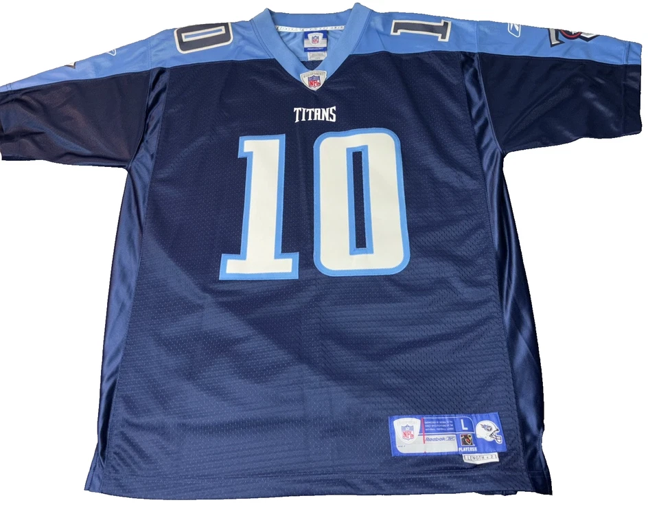 Camiseta de fútbol americano de colección Rebbok Tennessee Titans para hombre grande azul Vince Young #10 NFL Foto 1 de 4
