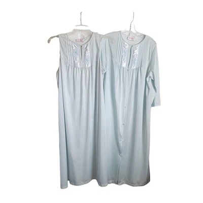 Vintage Gilead Women Blue Nightgown Robe Set – Size L – Satin Floral Embroidery  - Image 1 of 4
