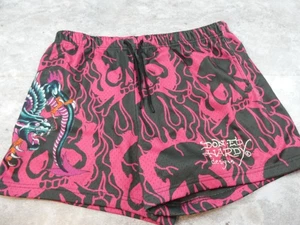 Ed Hardy Shorts Mens XL Pink Y2K Skull Panther Mesh Spell Out Pink Heavy Knit - Picture 1 of 13