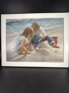 “Sand Castle Builders" White Framed Print Beach Wall Art 14”x 18” Made In USA - Picture 1 of 17