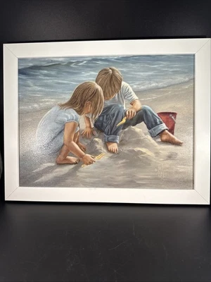 “Sand Castle Builders" White Framed Print Beach Wall Art 14”x 18” Made In USA - Image 1 of 4
