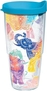 Mehndi Elephants Tumbler with Wrap and Turquoise Lid 24oz, Clear - Picture 1 of 8