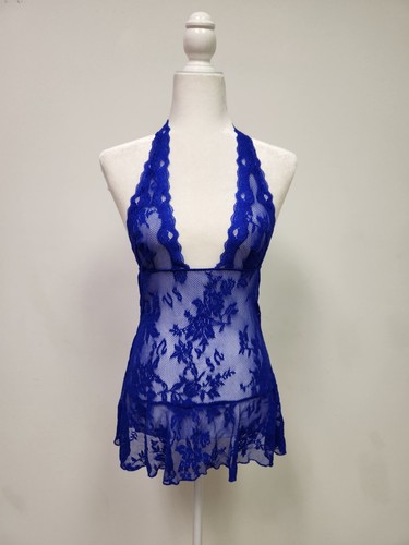 UNDERCOVER VICTORIA'S SECRET HALTER STYLE BLU PIZZO TRASPARENTE FLOREALE CAMICIA SEXY SMALL
