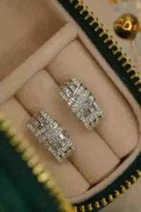 Baguette Cut Lab-Created Diamond Huggie Hoop Earrings 14K White Gold Plated - Picture 1 of 5