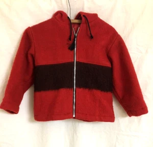 WOOL HOODED JACKET RED HANDMADE CHILDS LINED BOY GIRL - Picture 1 of 6
