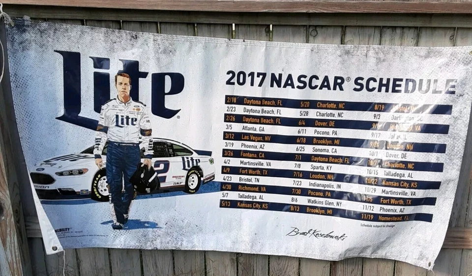 Calendario de carreras Nascar 2017 Banner Brad Keselowski Miller Lite plástico pesado 6'x3' Foto 1 de 4