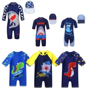 Kid Boy One-piece Zipper Rash Guard Swimsuit Swimwear+Swimming Cap Suits Bathing - Picture 1 of 70