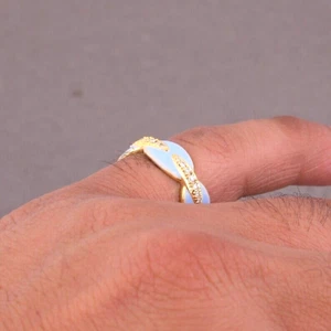 White Cubic Zirconia Sky Blue Enamel Ring For Her SZ:6 US 925 Silver Gold Plated - Picture 1 of 6