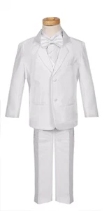 Boys Tuxedo suit White Satin trim wedding Spring Easter Bow tie vest pants  - Picture 1 of 9