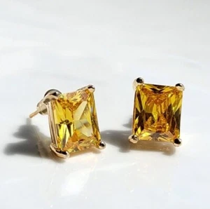 Emerald Cut Simulated Yellow Citrine Stud Pretty Earring 14k Yellow Gold Plated - Picture 1 of 6