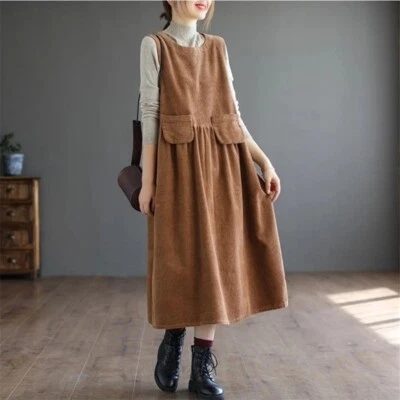 Mujeres Vestido sin mangas japonés de pana midi sin mangas línea A bolsillos vintage Foto 1 de 4