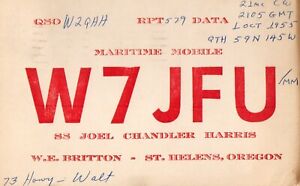W7JFU/MM QSL Card--Maritime Mobile--SS Joel Chandler Harris--1955