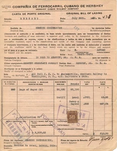 Hershey [Chocolate] Cu-ba-n Railroad Co 1926 to 1929 Bill of Lading w/ Tax - Picture 1 of 2