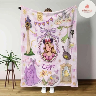 Personalized Disney Rapunzel Princess blanket, Watercolor Castle Tangled - Image 1 of 2