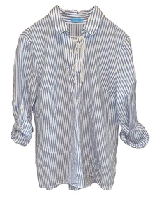 J. McLaughlin Medium Shirt weiß blau gestreift Seersucker Pullover Schnürung Oberteil - Bild 1 von 7