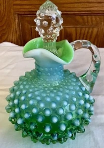 Vintage Fenton art glass lime green opalescent hobnail cruet c1 - Picture 1 of 5
