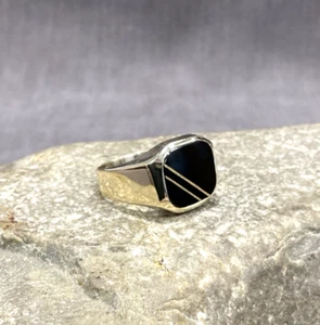 Men's Vintage 14k Yellow Gold & Black Onyx Double Striped Signet Ring Size 10.5 - Picture 1 of 6