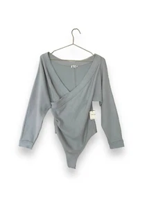 Free People Wrap Front Knit Long Sleeve Bodysuit Top Grey Size M - Picture 1 of 14