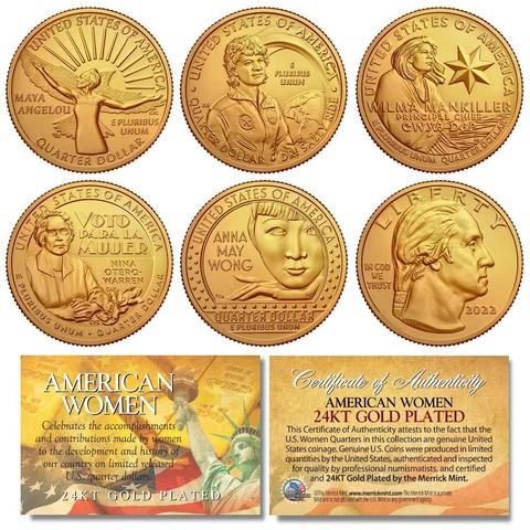 2022 24K GOLD Plated AMERICAN WOMEN Quarters US Mint 5-Coin Full Set in Capsules Cover