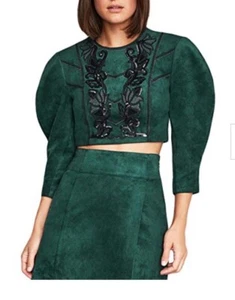 BCBG Max Azria kurzes Damenoberteil mit Pailletten aus Kunstwildleder grün L - Bild 1 von 15
