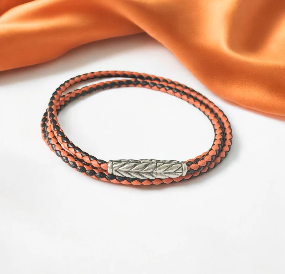 David Yurman Chevron Orange & Black Triple Wrap Leather Bracelet in Silver - Image 1 of 3