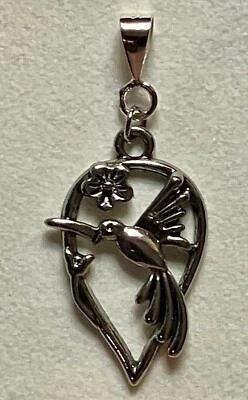 White Gold Plated - Hummingbird Flower Bird Charm 1 inch Pendant - Image 1 of 3
