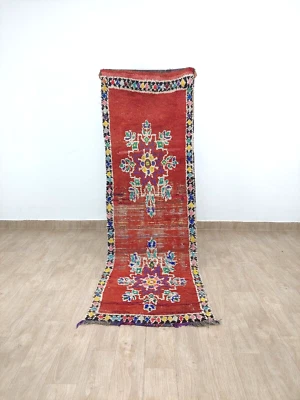 Vintage Red Runner Rug 2x8 Moroccan Handmade Tribal Berber Boho Geometric Carpet - Image 1 of 4