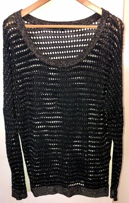 Suéter Guess Negro Tejido Abierto con Acento de Hilo Dorado, Talla Grande Foto 1 de 4