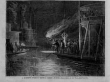 MISSISSIPPI STEAMBOAT MAKING A LANDING AT NIGHT WHARF TORCH LIGHT PASSENGERS
