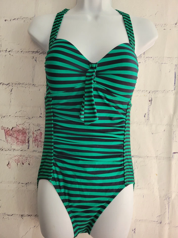 Traje de baño Merona a rayas de una pieza pequeño verde azul halter fruncido delantero acolchado  Foto 1 de 4
