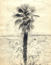 Vintage Tuschezeichnung Meereslandschaft, Palmen ca. 1930