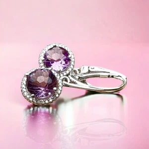 Halo Setting Natural Amethyst Earrings Sterling Silver 925 , February Birthstone - Picture 1 of 12