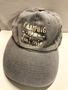 "Camping Hair Don’t Care" Women’s Adjustable Cotton Grunge Baseball Cap OS - Picture 1 of 4