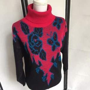 Pandora Women L VTG 80s Turtle Neck Sweater Spring Pink Butterflies Floral D0 - Picture 1 of 10