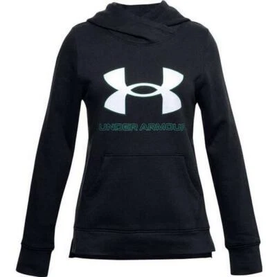 UNDER ARMOUR GIRLS RIVAL FLEECE SWEATSHIRT HOODIE BLACK AQUA LOGO SIZE MEDIUM - Image 1 of 2