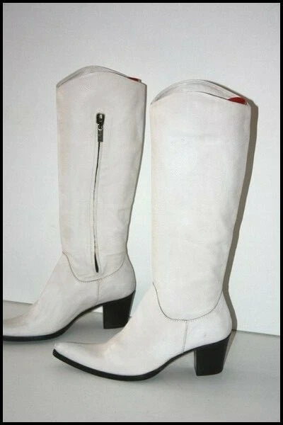 R&RENZI Bottes Pointues Tout Cuir Blanc T 36 ETAT NEUF  - Photo 1/4
