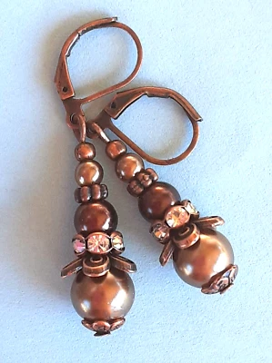 MARRÓN Triple PERLA DE VIDRIO CRISTAL Facetado Pendiente Cobre PALANCA TRASERA Artesano XX Foto 1 de 4