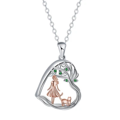 European Women Girl Cat Heart AAA CZ Pendant Necklace Chain Silver Plated - Image 1 of 4