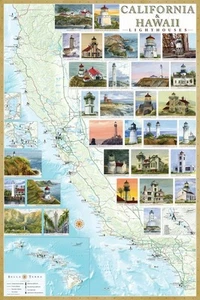Póster de mapa ilustrado de faros de California y Hawai 24x36. Laminado sin deslumbramiento - Imagen 1 de 5
