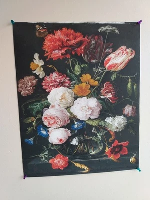 Vtg Canvas Painting Wall Decor Still Life Flowers Glass Vase Art Print No Frame - Image 1 of 4
