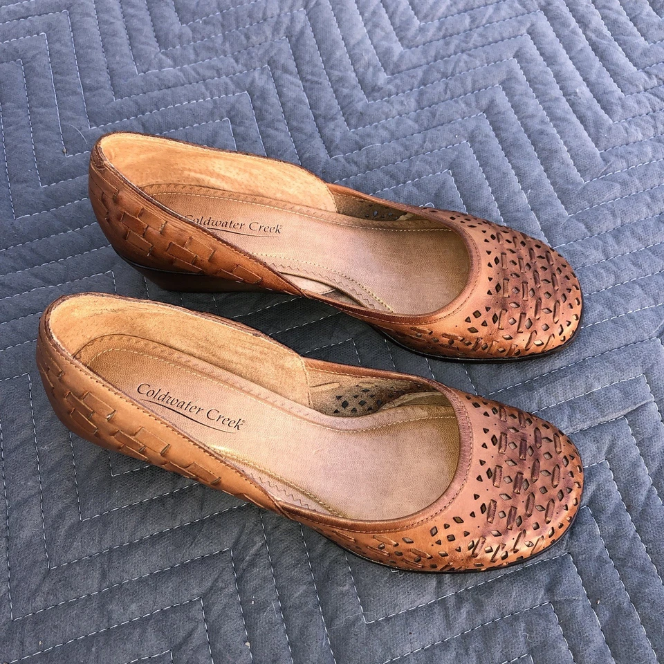 Coldwater Creek Cuero Tostado Ballet Corte Tejido Superior - Mocasines Cuña Talla 7.5 Foto 1 de 4