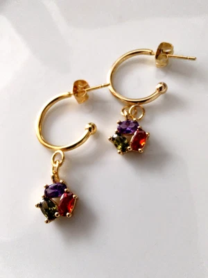 Creolen mit Anhänger "Glassteine", lila-grün-rot, Unikat Handmade 🎀 - Bild 1 von 3